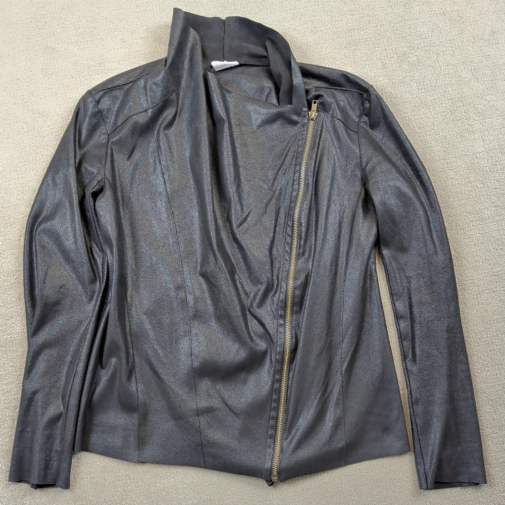 Mote Moto Jacket Women Medium Black Metallic Faux Leather Asymmetrical Zip Edgy